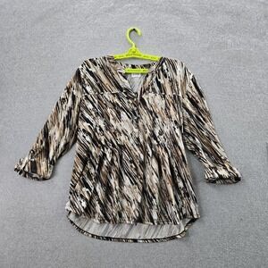 Cocomo Women Blouse XL Brown Animal Print Button V-Neck Pullover Tunic